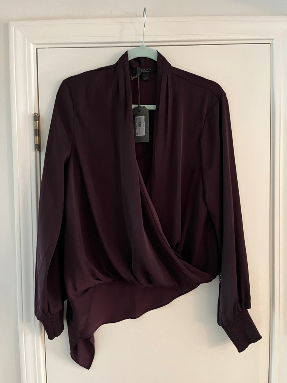 AllSaints Abi Long Sleeve Draped Asymmetrical Top in Port Purple. size 8. NWT. - Picture 3 of 12